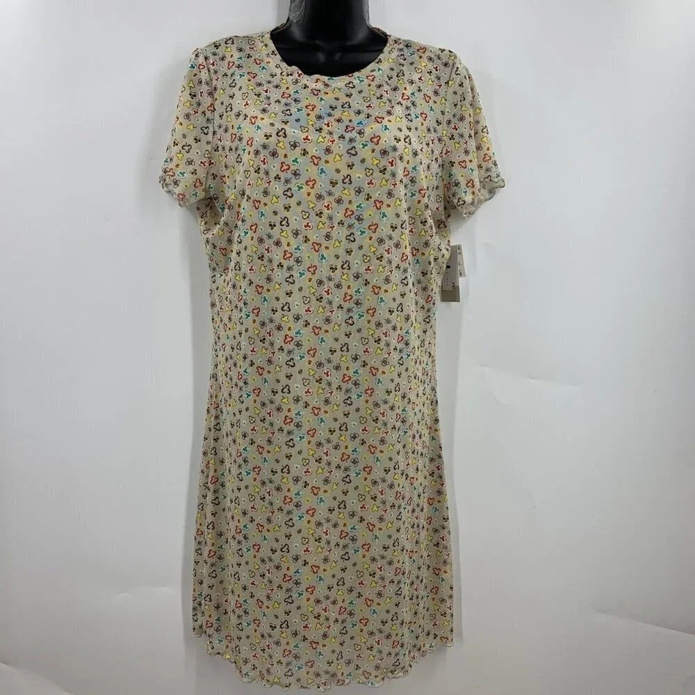 BP Women's Mesh Overlay Dress Ivory Glass Ditsy Crewneck Lettuce Trim SZ 1X NWT‎